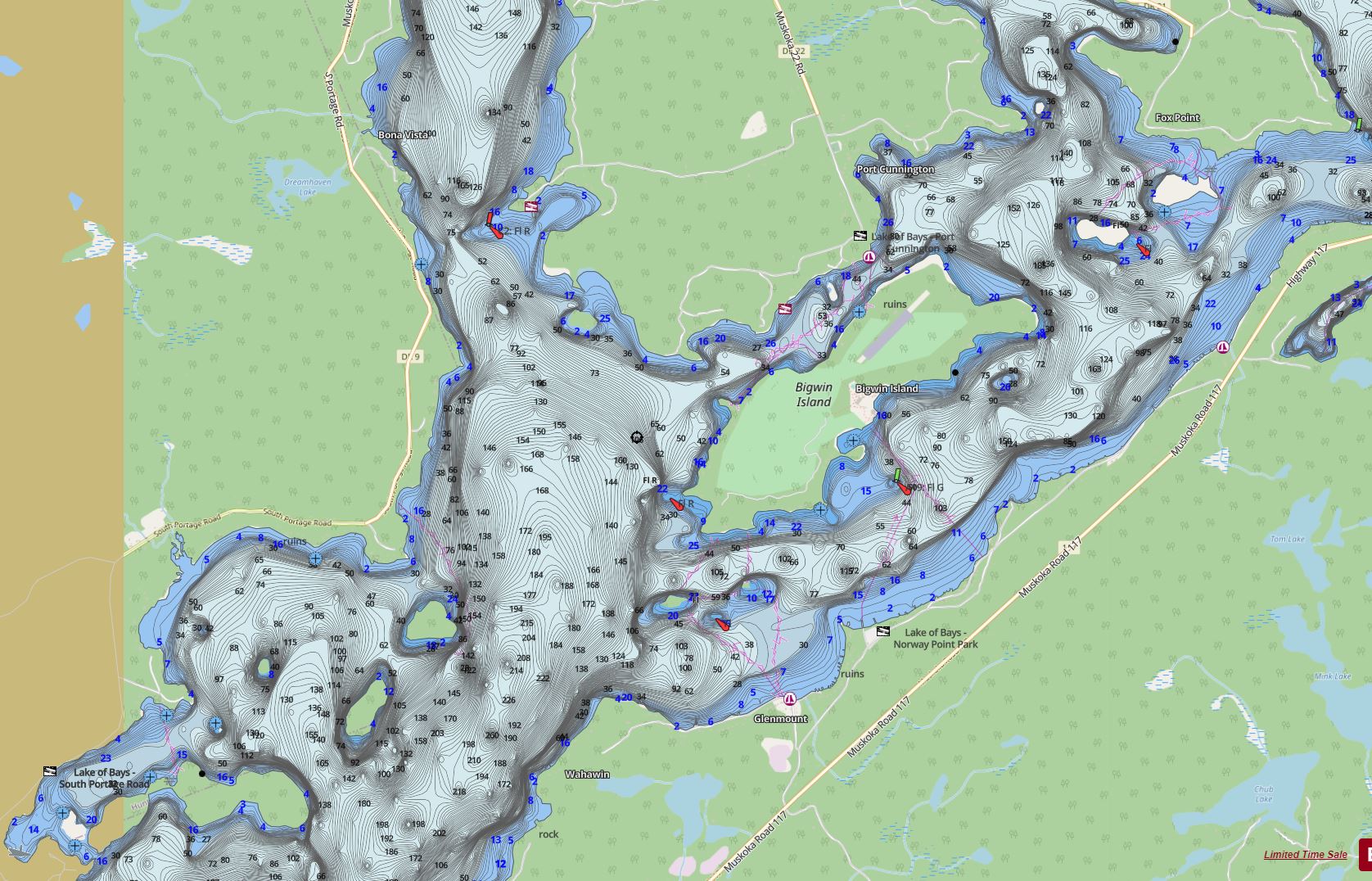 Contour Map of Lake Of Bays in Municipality of Lake of Bays and the District of Muskoka